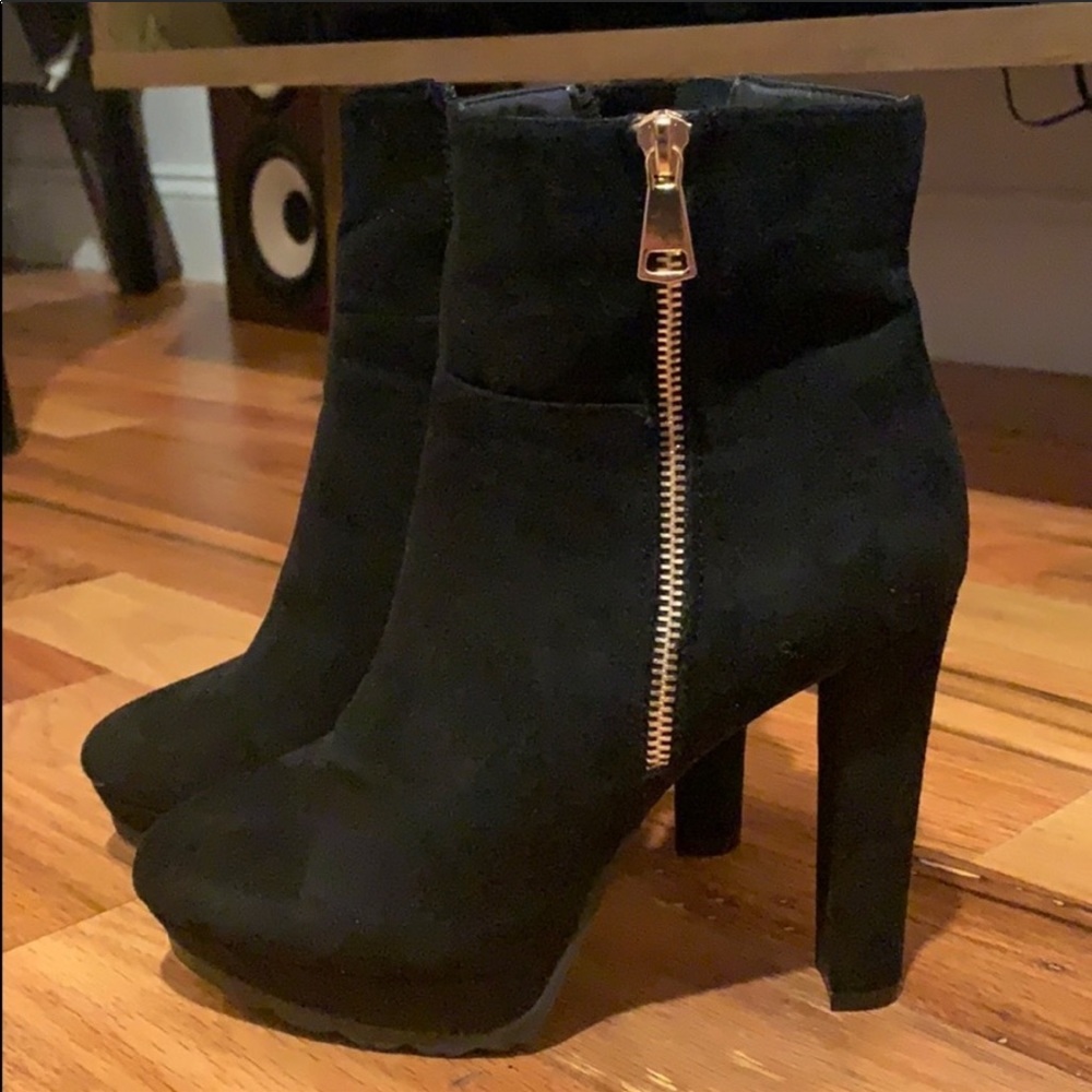 Black Heel Booties Suede with Gold Zipper Detail